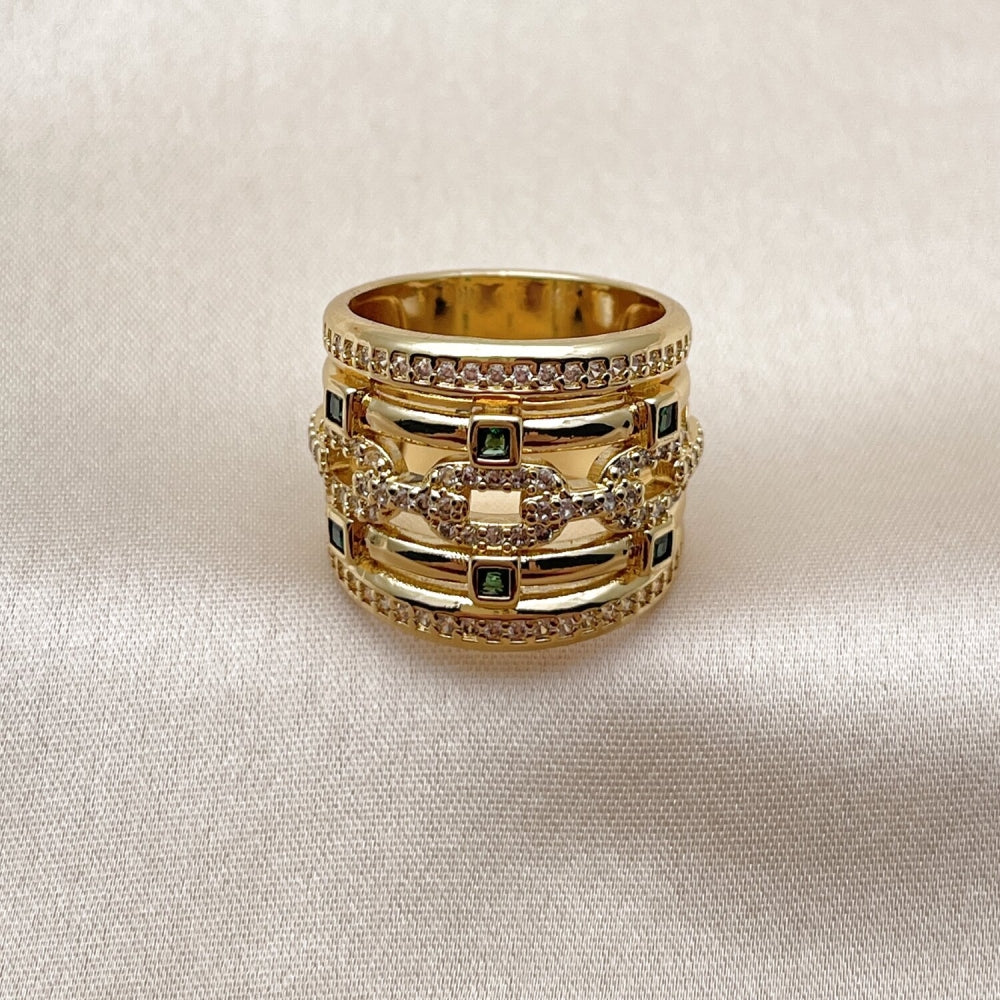 Oro Laminado Multi Stone Ring, Gold Filled Style Paperclip Design, with Green Cubic Zirconia and White Micro Pave, Polished, Golden Finish