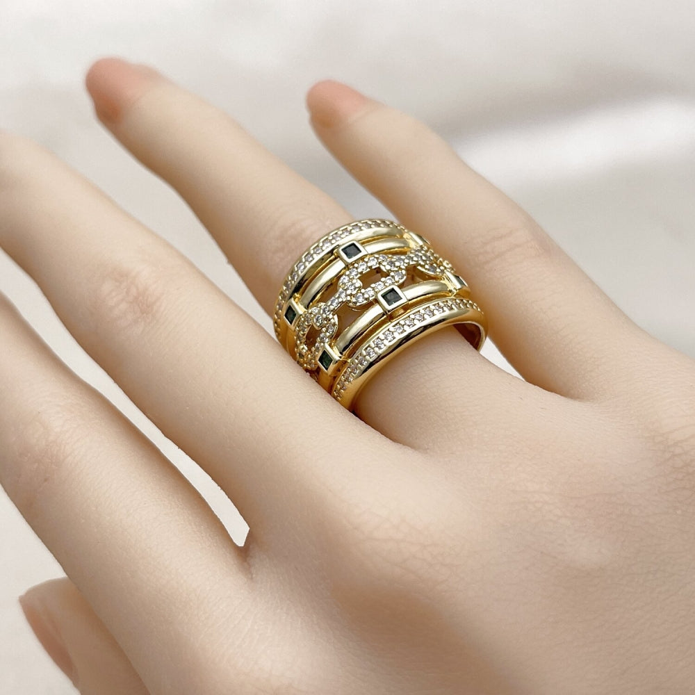 Oro Laminado Multi Stone Ring, Gold Filled Style Paperclip Design, with Green Cubic Zirconia and White Micro Pave, Polished, Golden Finish