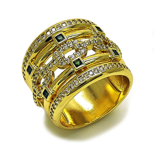 Oro Laminado Multi Stone Ring, Gold Filled Style Paperclip Design, with Green Cubic Zirconia and White Micro Pave, Polished, Golden Finish