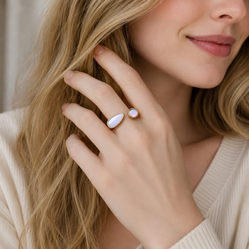 Oro Laminado Multi Stone Ring, Gold Filled Style Horse and Teardrop Design, with Ivory Mother of Pearl and White Cubic Zirconia, Polished, Golden Finish