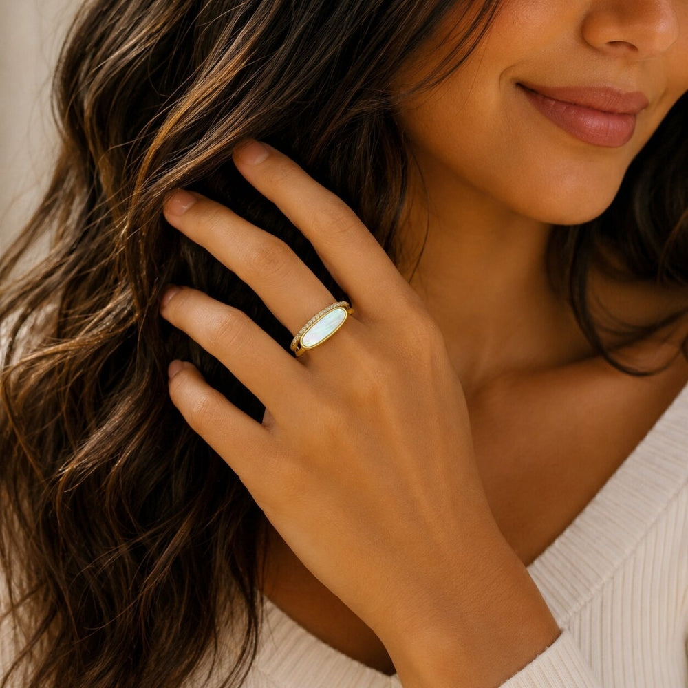 Oro Laminado Multi Stone Ring, Gold Filled Style with Ivory Mother of Pearl and White Micro Pave, Polished, Golden Finish