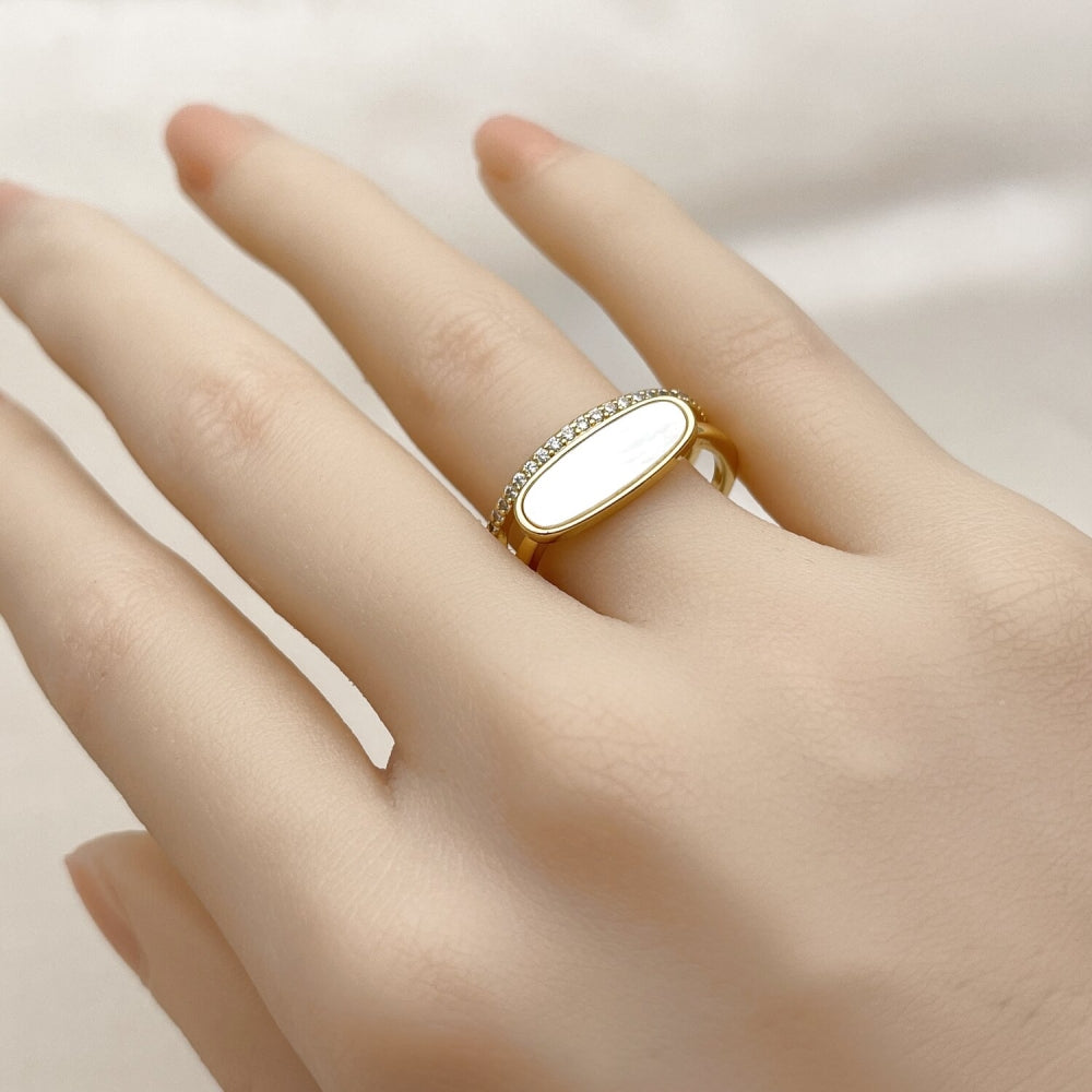 Oro Laminado Multi Stone Ring, Gold Filled Style with Ivory Mother of Pearl and White Micro Pave, Polished, Golden Finish