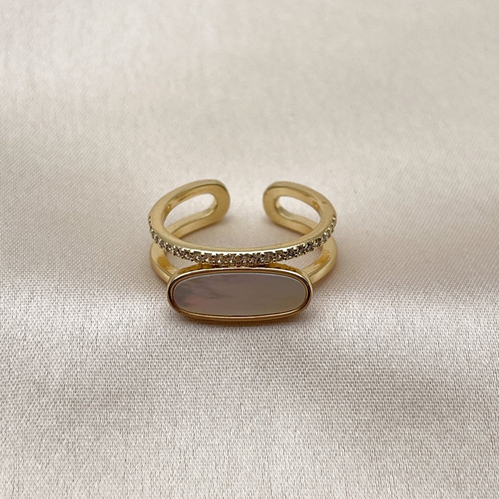 Oro Laminado Multi Stone Ring, Gold Filled Style with Ivory Mother of Pearl and White Micro Pave, Polished, Golden Finish