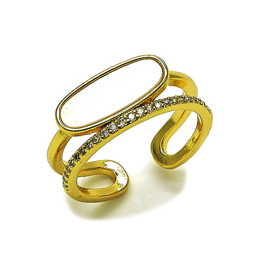 Oro Laminado Multi Stone Ring, Gold Filled Style with Ivory Mother of Pearl and White Micro Pave, Polished, Golden Finish
