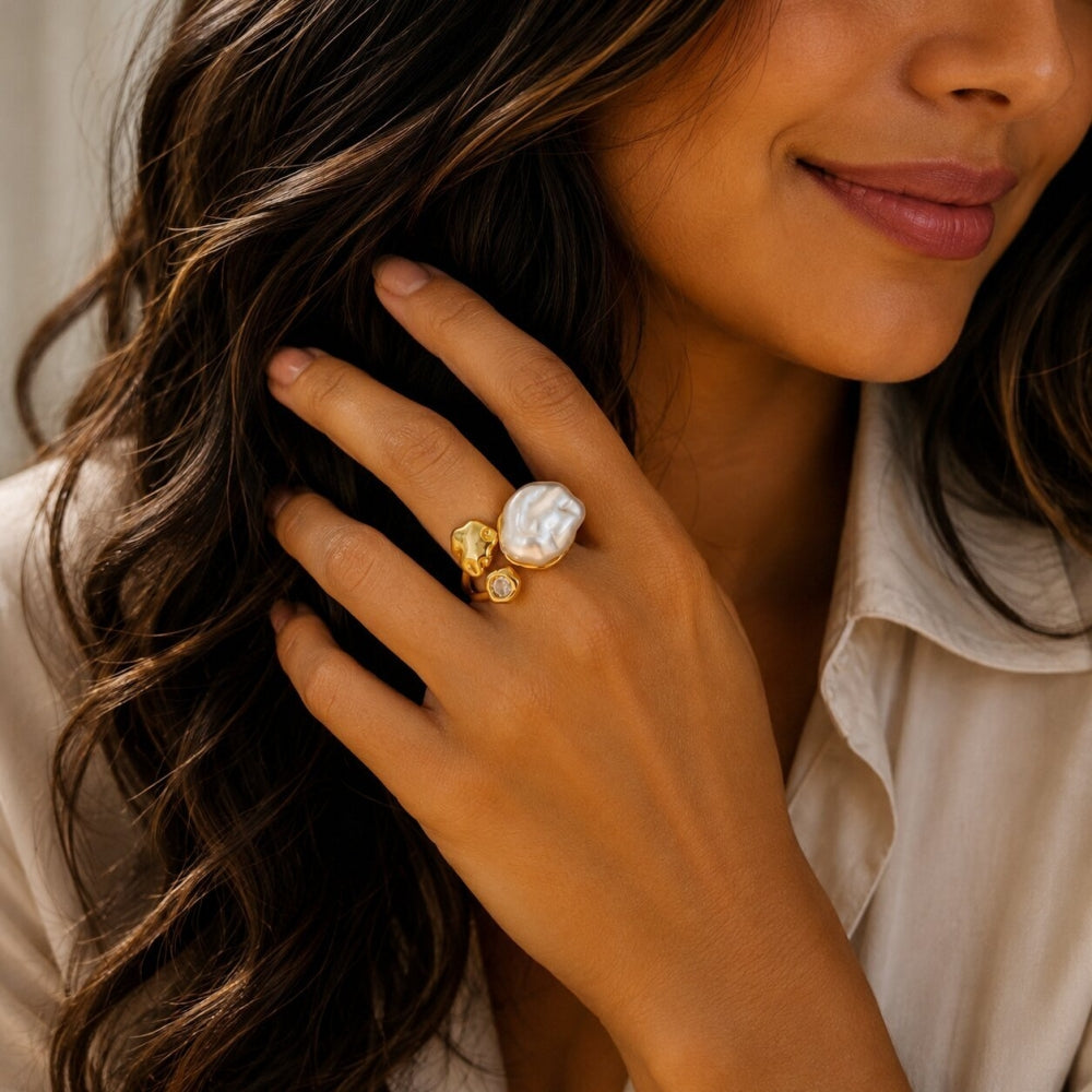 Oro Laminado Multi Stone Ring, Gold Filled Style with Ivory Pearl and White Cubic Zirconia, Polished, Golden Finish