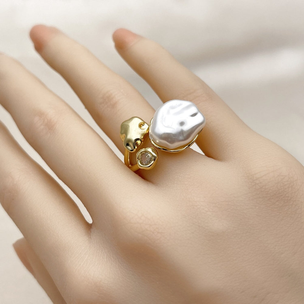 Oro Laminado Multi Stone Ring, Gold Filled Style with Ivory Pearl and White Cubic Zirconia, Polished, Golden Finish