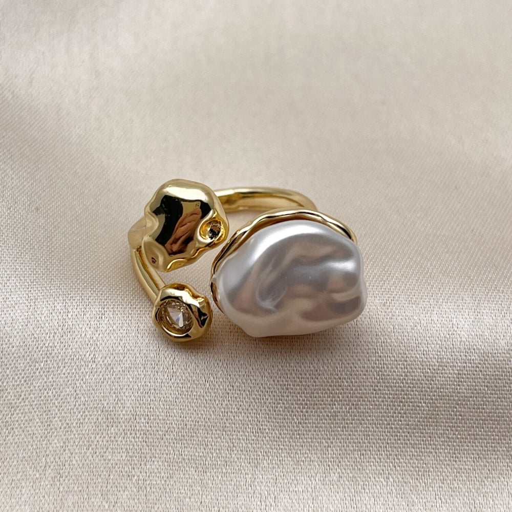 Oro Laminado Multi Stone Ring, Gold Filled Style with Ivory Pearl and White Cubic Zirconia, Polished, Golden Finish