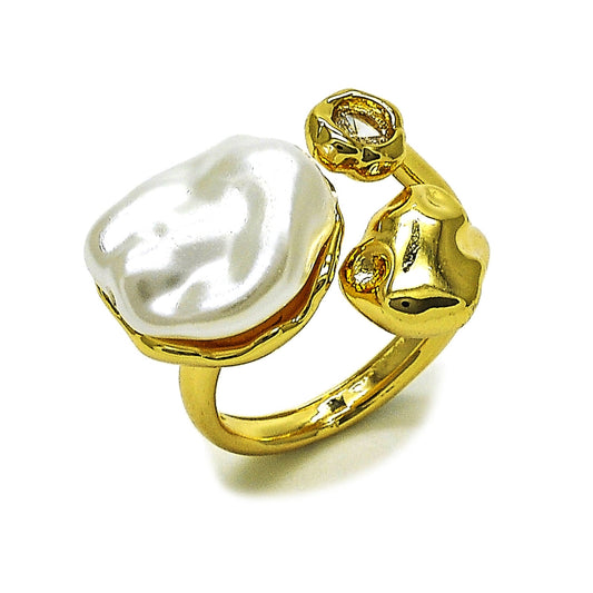Oro Laminado Multi Stone Ring, Gold Filled Style with Ivory Pearl and White Cubic Zirconia, Polished, Golden Finish