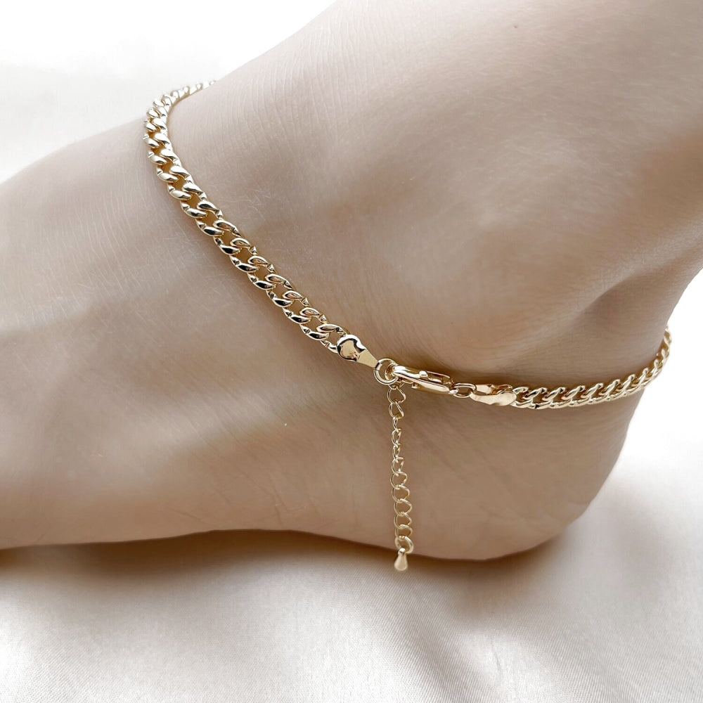 Oro Laminado Basic Anklet, Gold Filled Style Miami Cuban Design, Polished, Golden Finish