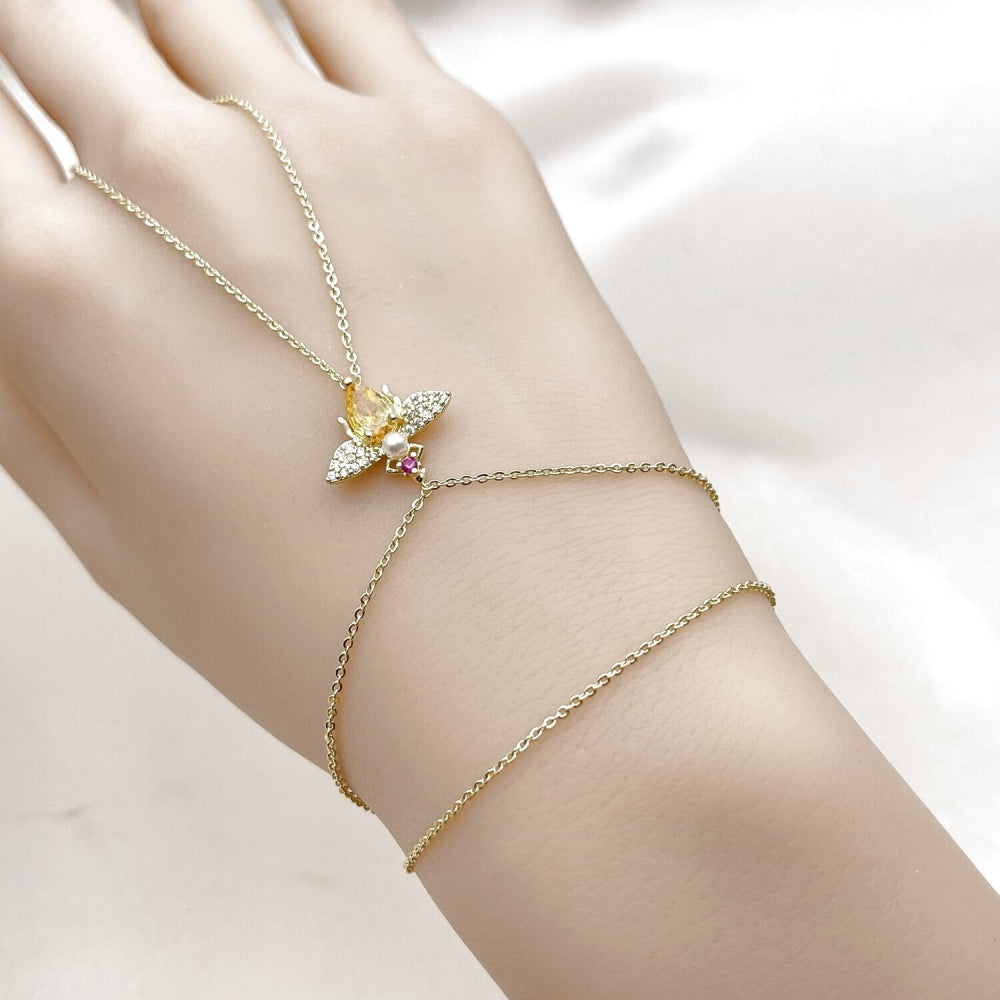 Oro Laminado Fancy Bracelet, Gold Filled Style Bee and Rolo Design, with Golden Cubic Zirconia and White Micro Pave, Polished, Golden Finish