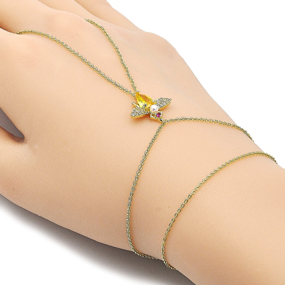Oro Laminado Fancy Bracelet, Gold Filled Style Bee and Rolo Design, with Golden Cubic Zirconia and White Micro Pave, Polished, Golden Finish