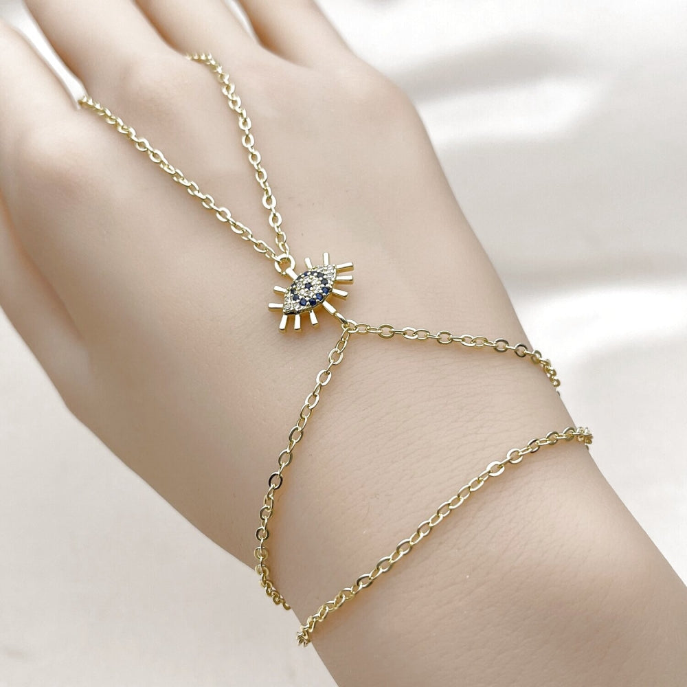 Oro Laminado Fancy Bracelet, Gold Filled Style Evil Eye and Rolo Design, with Sapphire Blue and White Micro Pave, Polished, Golden Finish