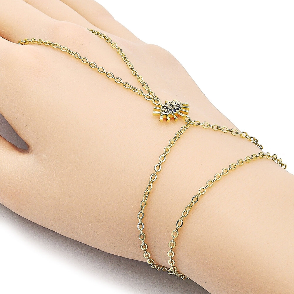 Oro Laminado Fancy Bracelet, Gold Filled Style Evil Eye and Rolo Design, with Sapphire Blue and White Micro Pave, Polished, Golden Finish
