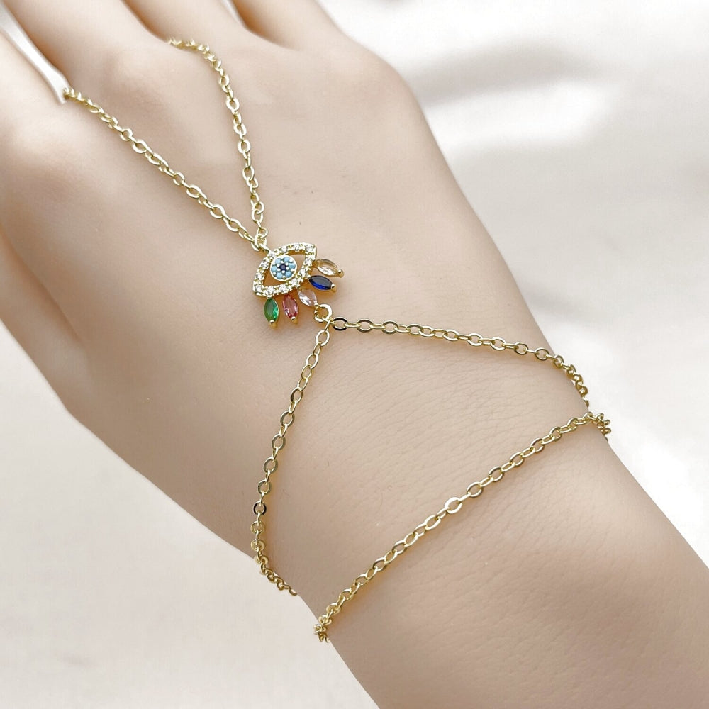 Oro Laminado Fancy Bracelet, Gold Filled Style Evil Eye and Rolo Design, with Multicolor Cubic Zirconia and Turquoise Micro Pave, Polished, Golden Finish