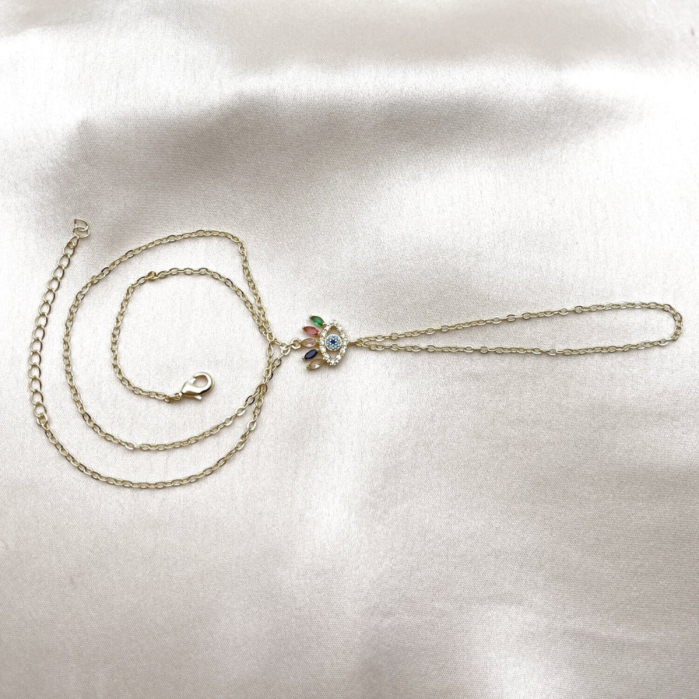 Oro Laminado Fancy Bracelet, Gold Filled Style Evil Eye and Rolo Design, with Multicolor Cubic Zirconia and Turquoise Micro Pave, Polished, Golden Finish