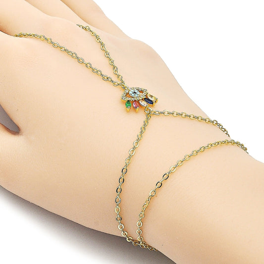 Oro Laminado Fancy Bracelet, Gold Filled Style Evil Eye and Rolo Design, with Multicolor Cubic Zirconia and Turquoise Micro Pave, Polished, Golden Finish