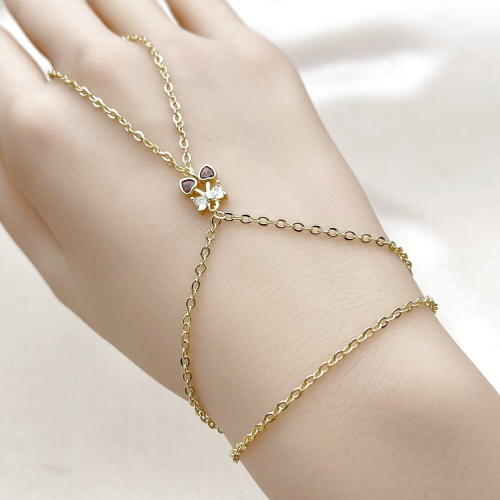 Oro Laminado Fancy Bracelet, Gold Filled Style Cherry and Heart Design, with Garnet and White Cubic Zirconia, Polished, Golden Finish