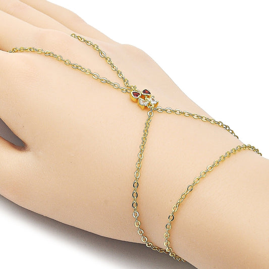 Oro Laminado Fancy Bracelet, Gold Filled Style Cherry and Heart Design, with Garnet and White Cubic Zirconia, Polished, Golden Finish