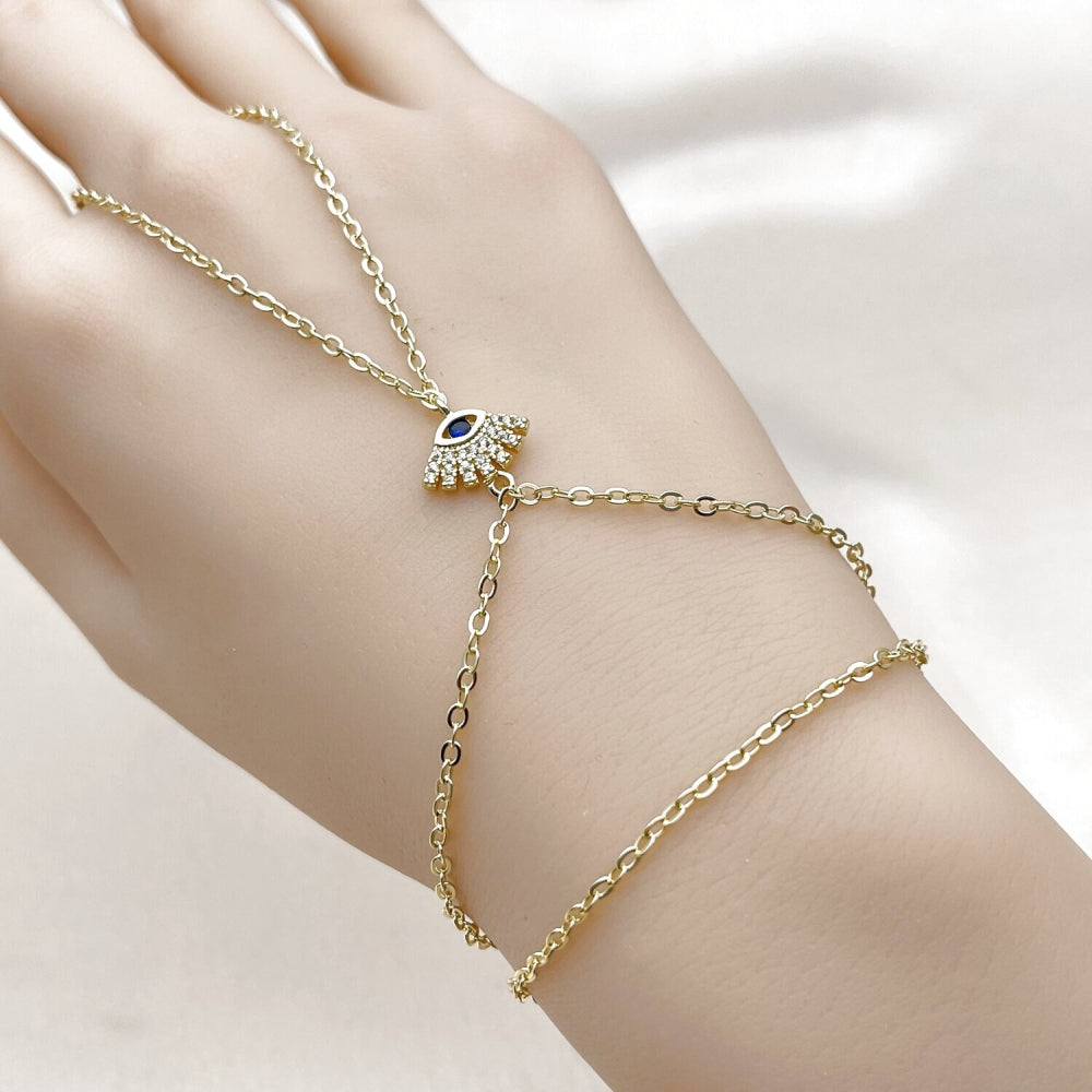 Oro Laminado Fancy Bracelet, Gold Filled Style Evil Eye and Rolo Design, with Sapphire Blue Cubic Zirconia and White Micro Pave, Polished, Golden Finish
