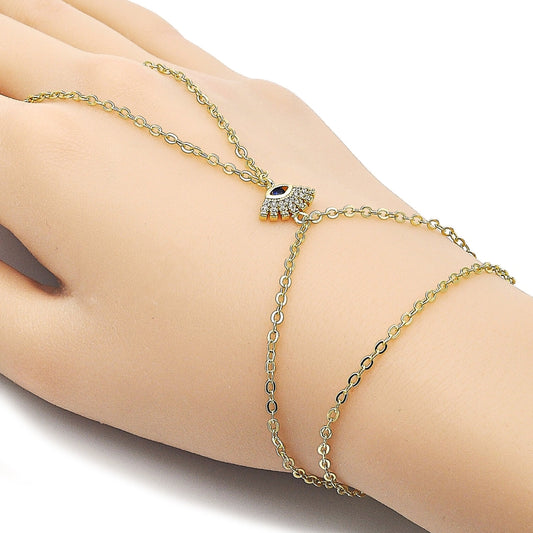 Oro Laminado Fancy Bracelet, Gold Filled Style Evil Eye and Rolo Design, with Sapphire Blue Cubic Zirconia and White Micro Pave, Polished, Golden Finish