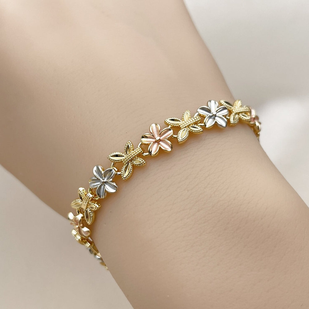 Oro Laminado Solid Bracelet, Gold Filled Style Flower and Butterfly Design, Polished, Tricolor