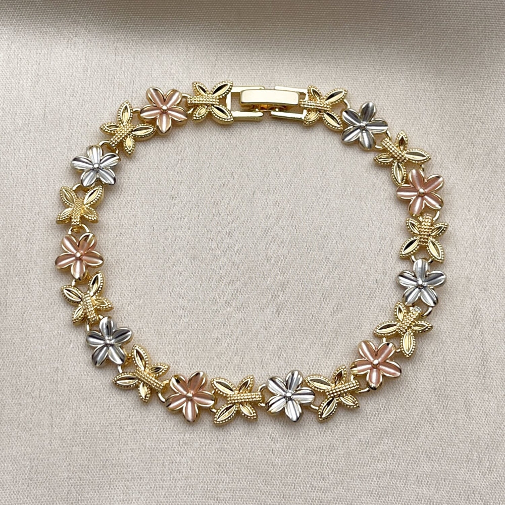 Oro Laminado Solid Bracelet, Gold Filled Style Flower and Butterfly Design, Polished, Tricolor