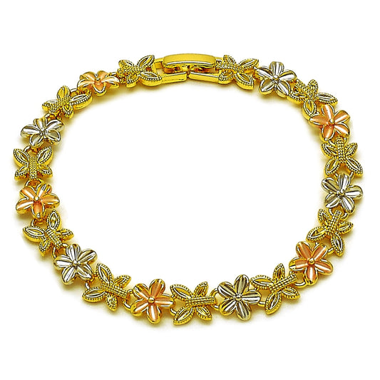 Oro Laminado Solid Bracelet, Gold Filled Style Flower and Butterfly Design, Polished, Tricolor