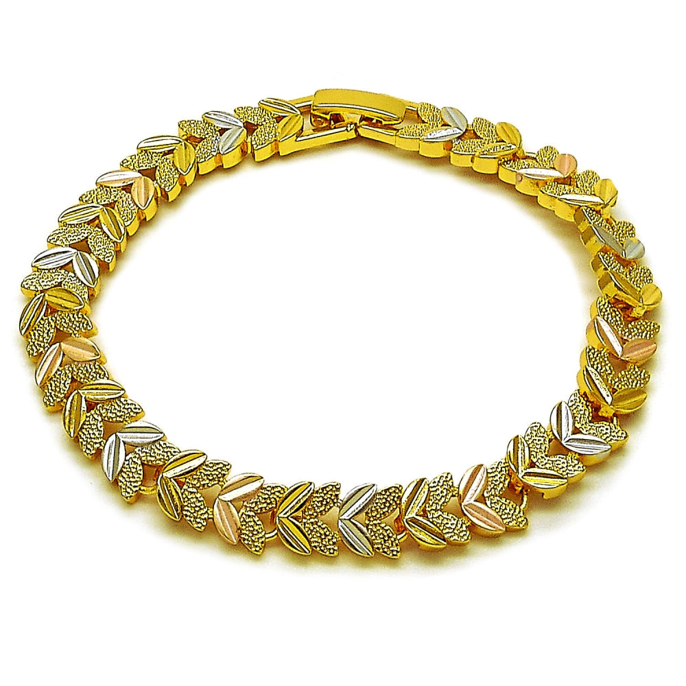 Oro Laminado Solid Bracelet, Gold Filled Style Leaf Design, Diamond Cutting Finish, Tricolor