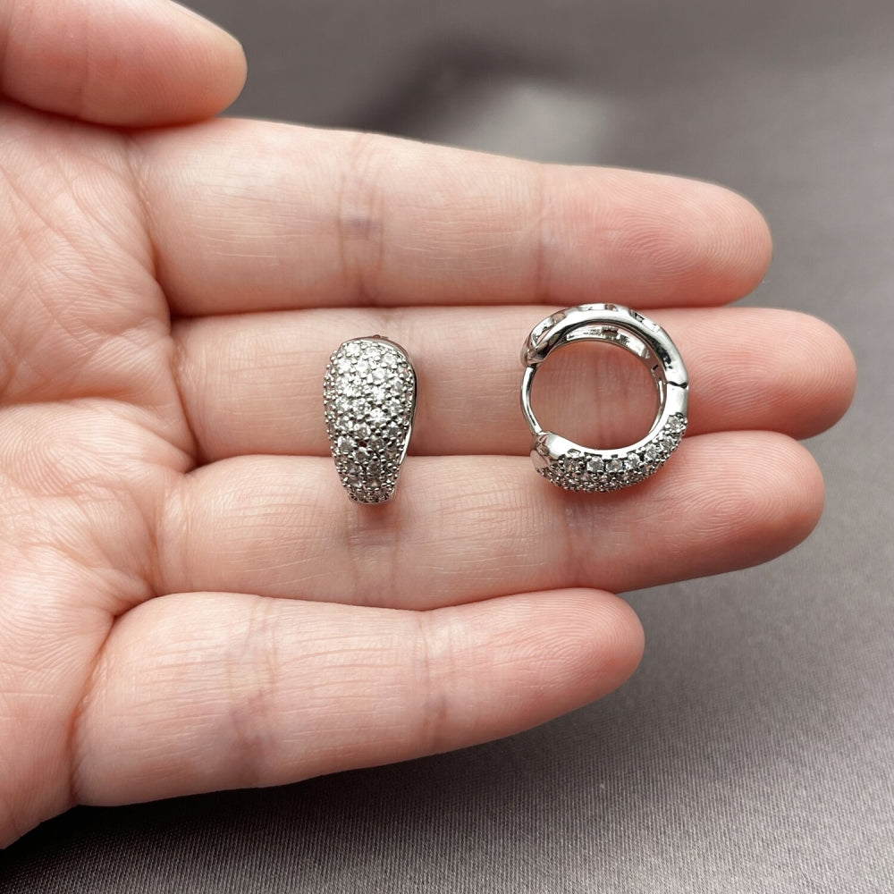 Rhodium Gold Filled Huggie Hoop, Teardrop Design, with White Cubic Zirconia, Polished, Rhodium Finish
