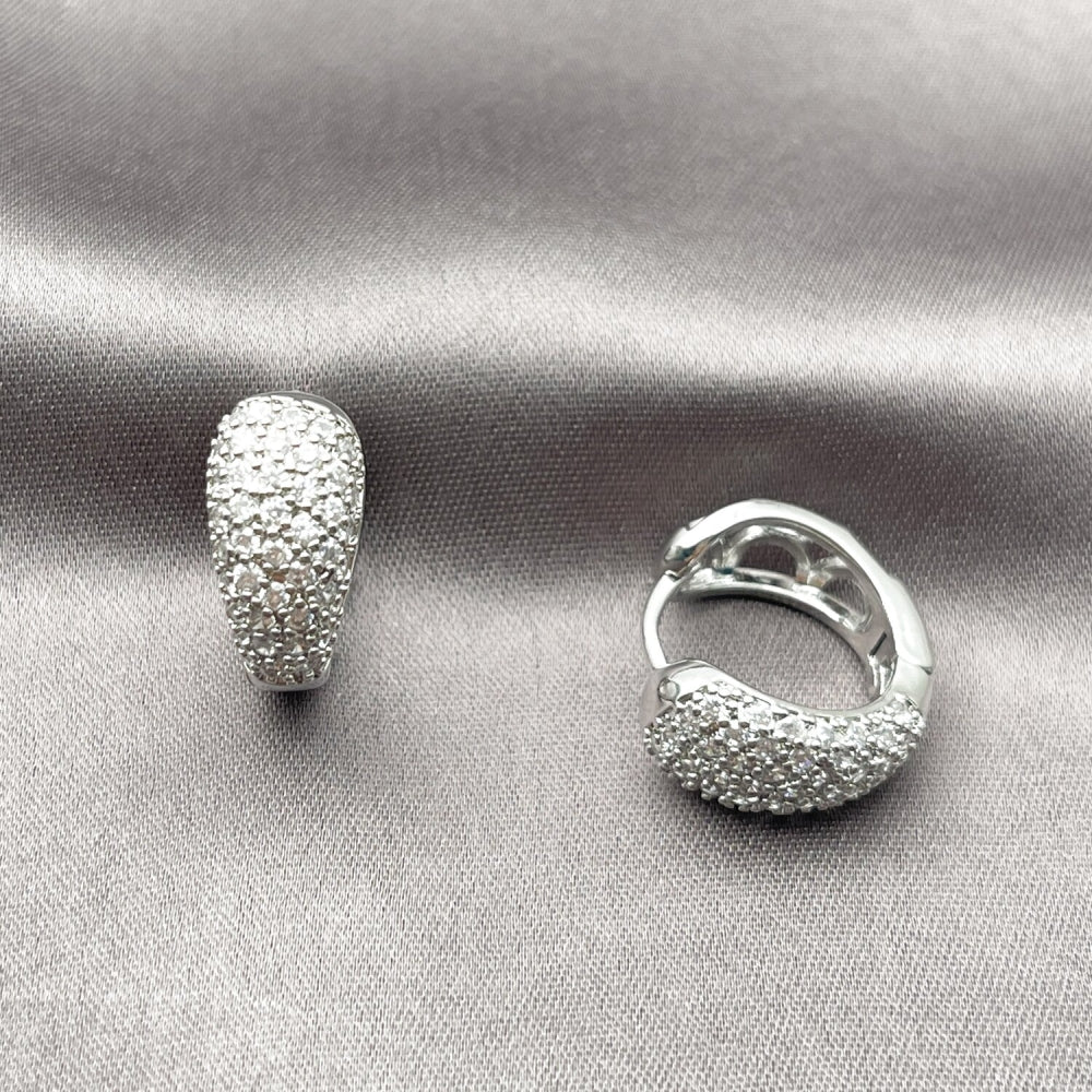 Rhodium Gold Filled Huggie Hoop, Teardrop Design, with White Cubic Zirconia, Polished, Rhodium Finish