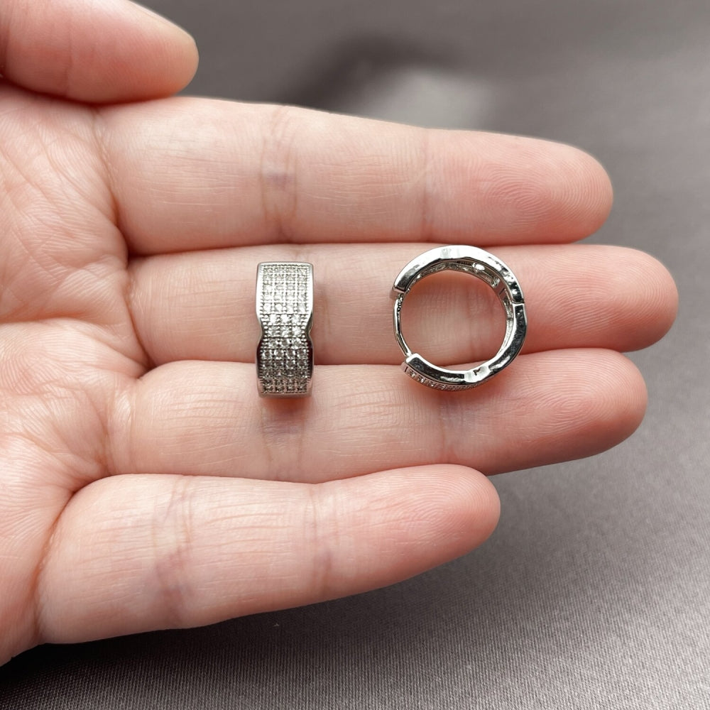 Rhodium Gold Filled Huggie Hoop, with White Micro Pave, Polished, Rhodium Finish