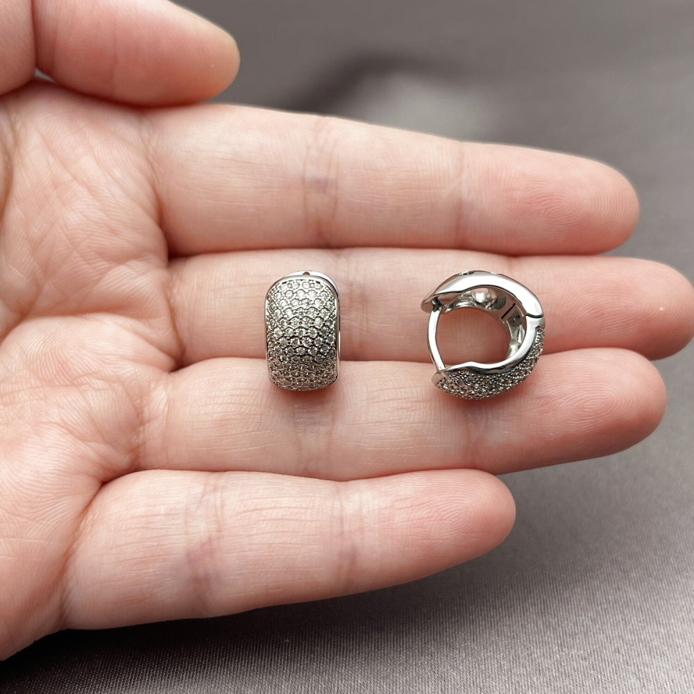 Rhodium Gold Filled Huggie Hoop, with White Micro Pave, Polished, Rhodium Finish