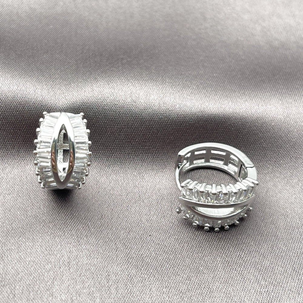 Rhodium Gold Filled Huggie Hoop, Baguette Design, with White Cubic Zirconia, Polished, Rhodium Finish