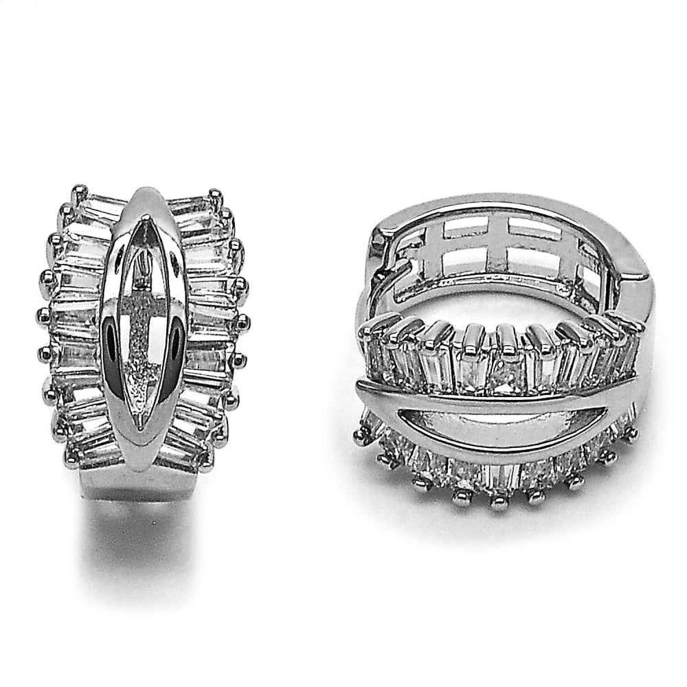 Rhodium Gold Filled Huggie Hoop, Baguette Design, with White Cubic Zirconia, Polished, Rhodium Finish