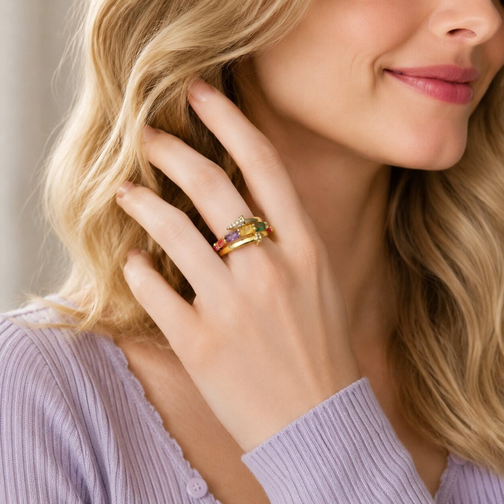 Oro Laminado Multi Stone Ring, Gold Filled Style Nail and Baguette Design, with Multicolor Cubic Zirconia and White Micro Pave, Polished, Golden Finish