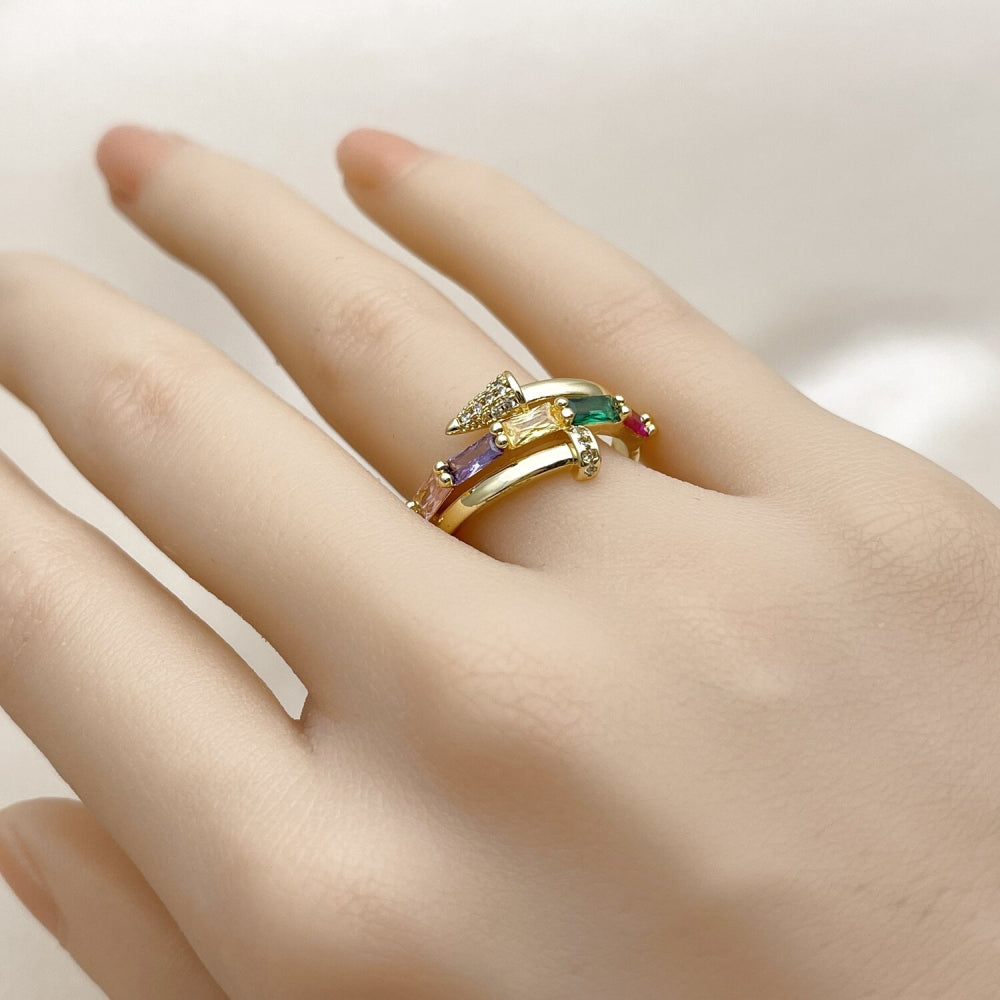 Oro Laminado Multi Stone Ring, Gold Filled Style Nail and Baguette Design, with Multicolor Cubic Zirconia and White Micro Pave, Polished, Golden Finish