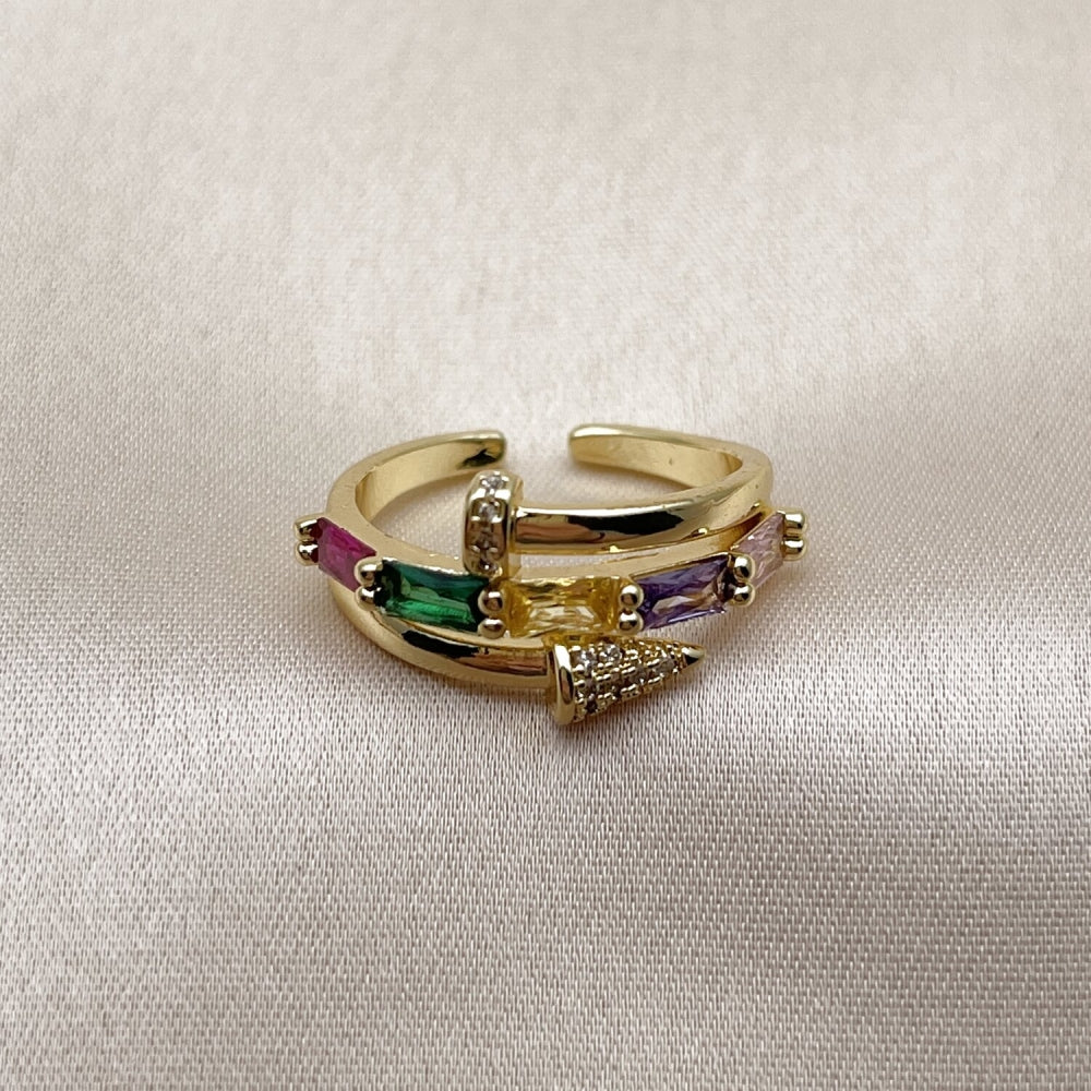 Oro Laminado Multi Stone Ring, Gold Filled Style Nail and Baguette Design, with Multicolor Cubic Zirconia and White Micro Pave, Polished, Golden Finish