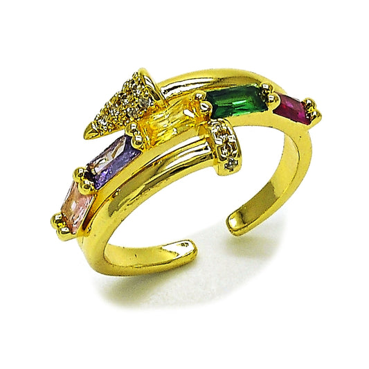 Oro Laminado Multi Stone Ring, Gold Filled Style Nail and Baguette Design, with Multicolor Cubic Zirconia and White Micro Pave, Polished, Golden Finish