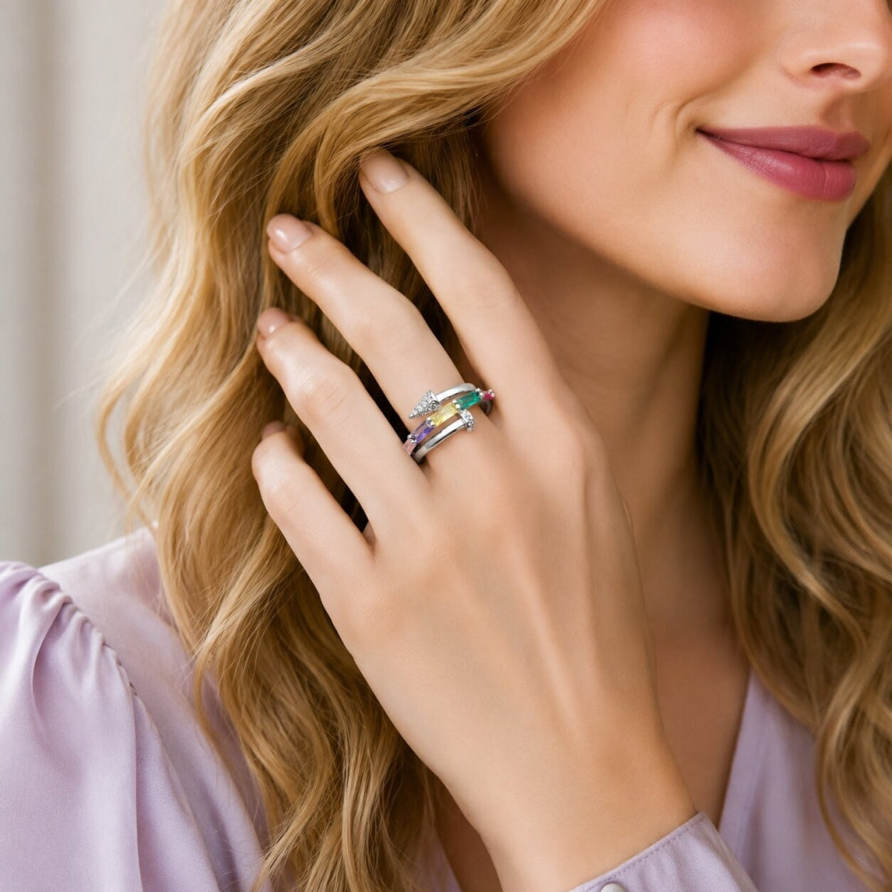 Rhodium Gold Filled Multi Stone Ring, Nail and Baguette Design, with Multicolor Cubic Zirconia and White Micro Pave, Polished, Rhodium Finish