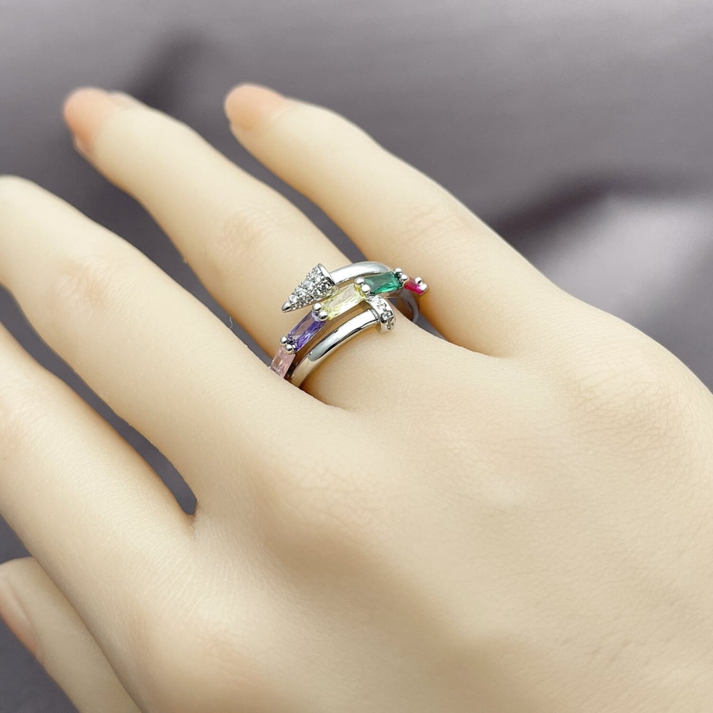 Rhodium Gold Filled Multi Stone Ring, Nail and Baguette Design, with Multicolor Cubic Zirconia and White Micro Pave, Polished, Rhodium Finish