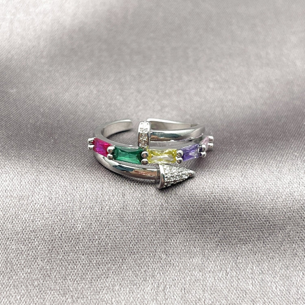 Rhodium Gold Filled Multi Stone Ring, Nail and Baguette Design, with Multicolor Cubic Zirconia and White Micro Pave, Polished, Rhodium Finish