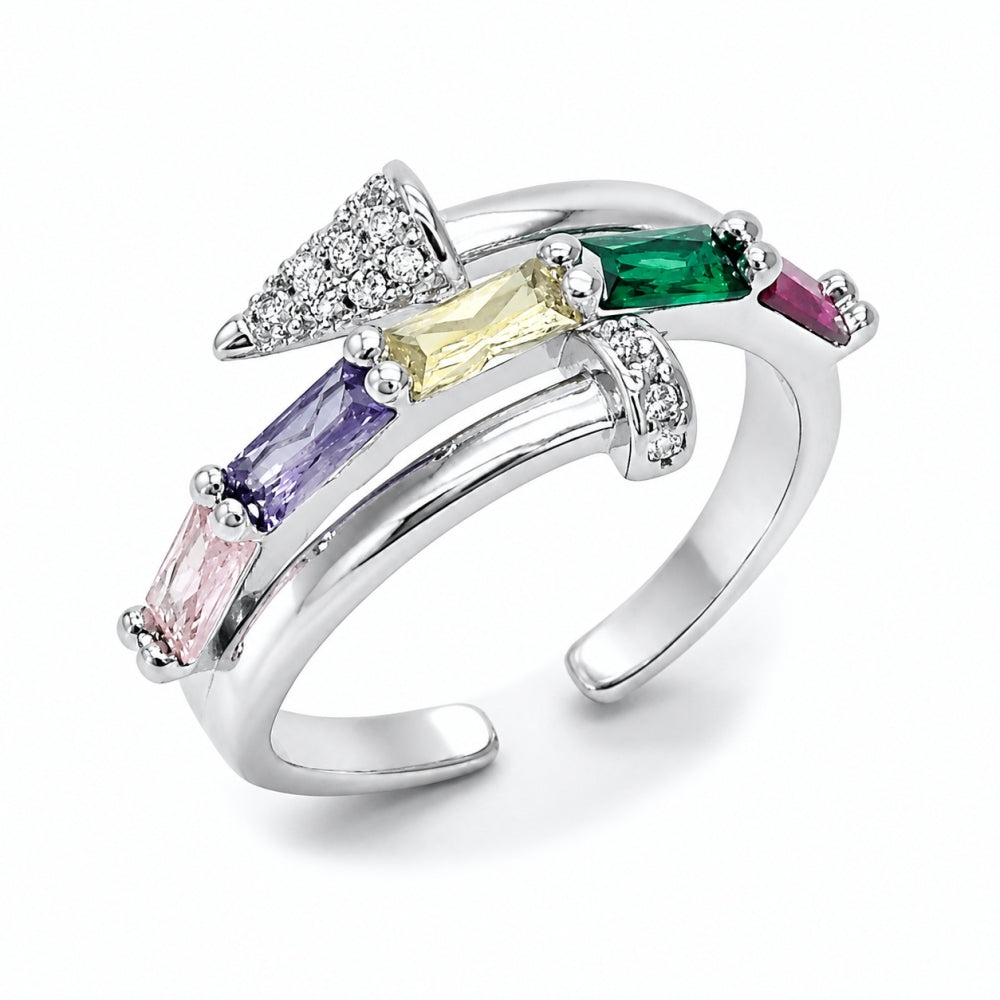 Rhodium Gold Filled Multi Stone Ring, Nail and Baguette Design, with Multicolor Cubic Zirconia and White Micro Pave, Polished, Rhodium Finish