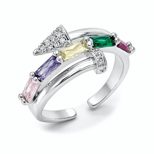 Rhodium Gold Filled Multi Stone Ring, Nail and Baguette Design, with Multicolor Cubic Zirconia and White Micro Pave, Polished, Rhodium Finish