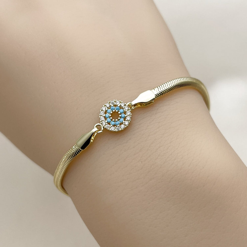 Oro Laminado Fancy Bracelet, Gold Filled Style Evil Eye and Rat Tail Design, with Turquoise and White Cubic Zirconia, Polished, Golden Finish