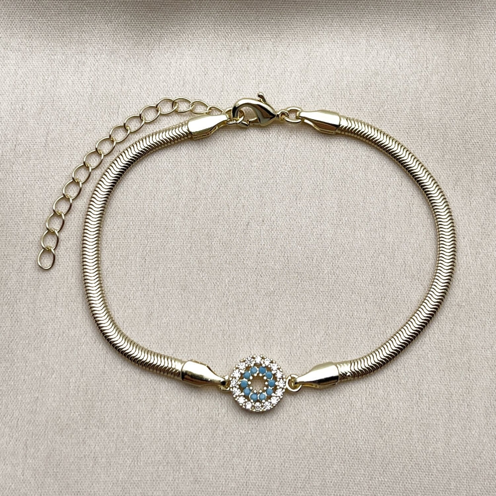 Oro Laminado Fancy Bracelet, Gold Filled Style Evil Eye and Rat Tail Design, with Turquoise and White Cubic Zirconia, Polished, Golden Finish