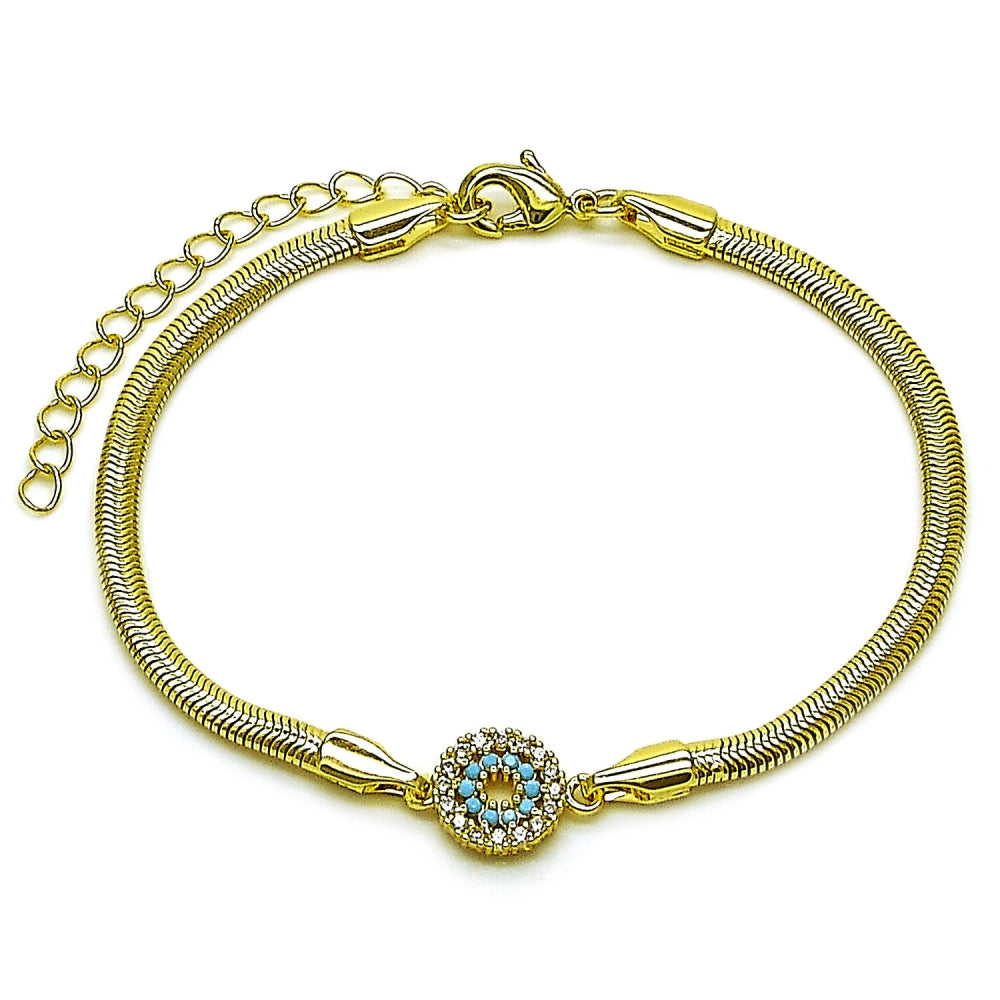 Oro Laminado Fancy Bracelet, Gold Filled Style Evil Eye and Rat Tail Design, with Turquoise and White Cubic Zirconia, Polished, Golden Finish