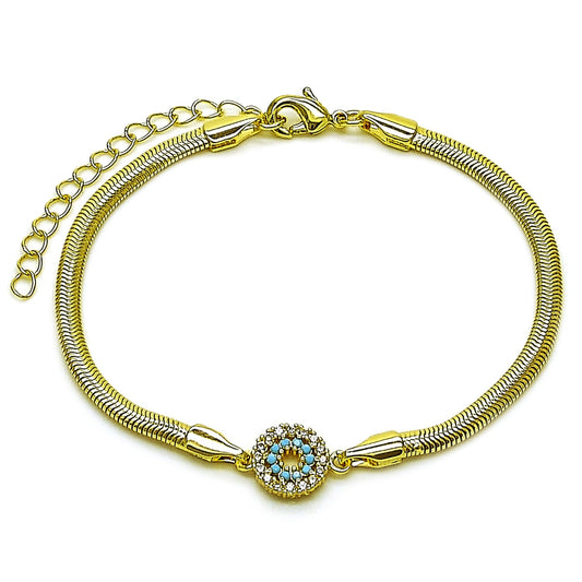 Oro Laminado Fancy Bracelet, Gold Filled Style Evil Eye and Rat Tail Design, with Turquoise and White Cubic Zirconia, Polished, Golden Finish