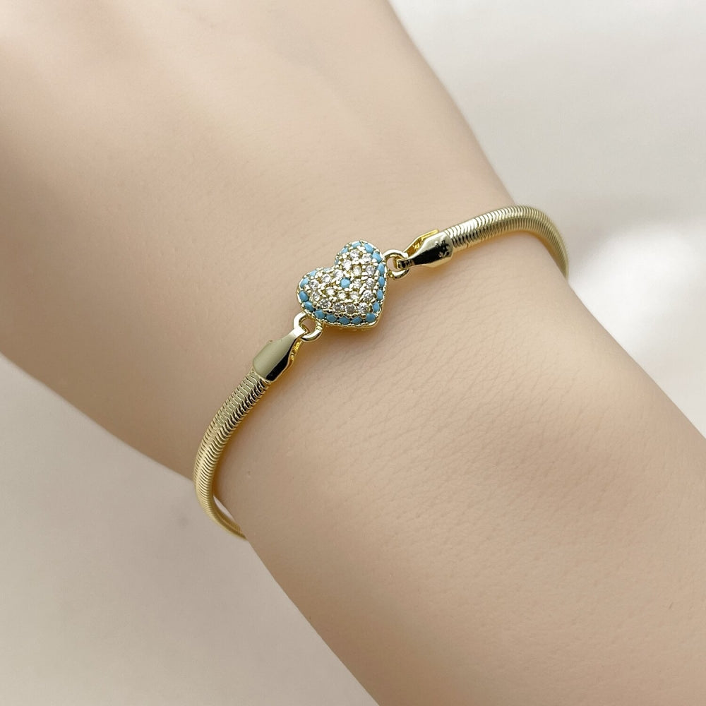 Oro Laminado Fancy Bracelet, Gold Filled Style Heart and Evil Eye Design, with Turquoise and White Micro Pave, Polished, Golden Finish