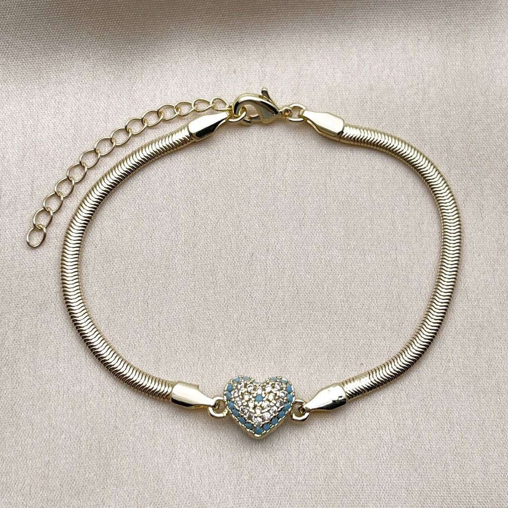Oro Laminado Fancy Bracelet, Gold Filled Style Heart and Evil Eye Design, with Turquoise and White Micro Pave, Polished, Golden Finish