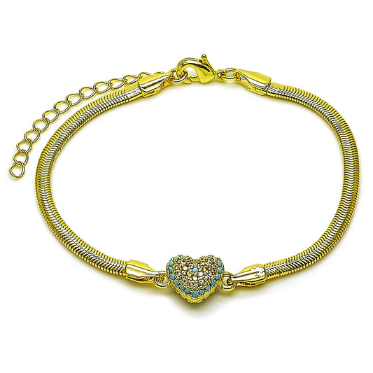 Oro Laminado Fancy Bracelet, Gold Filled Style Heart and Evil Eye Design, with Turquoise and White Micro Pave, Polished, Golden Finish